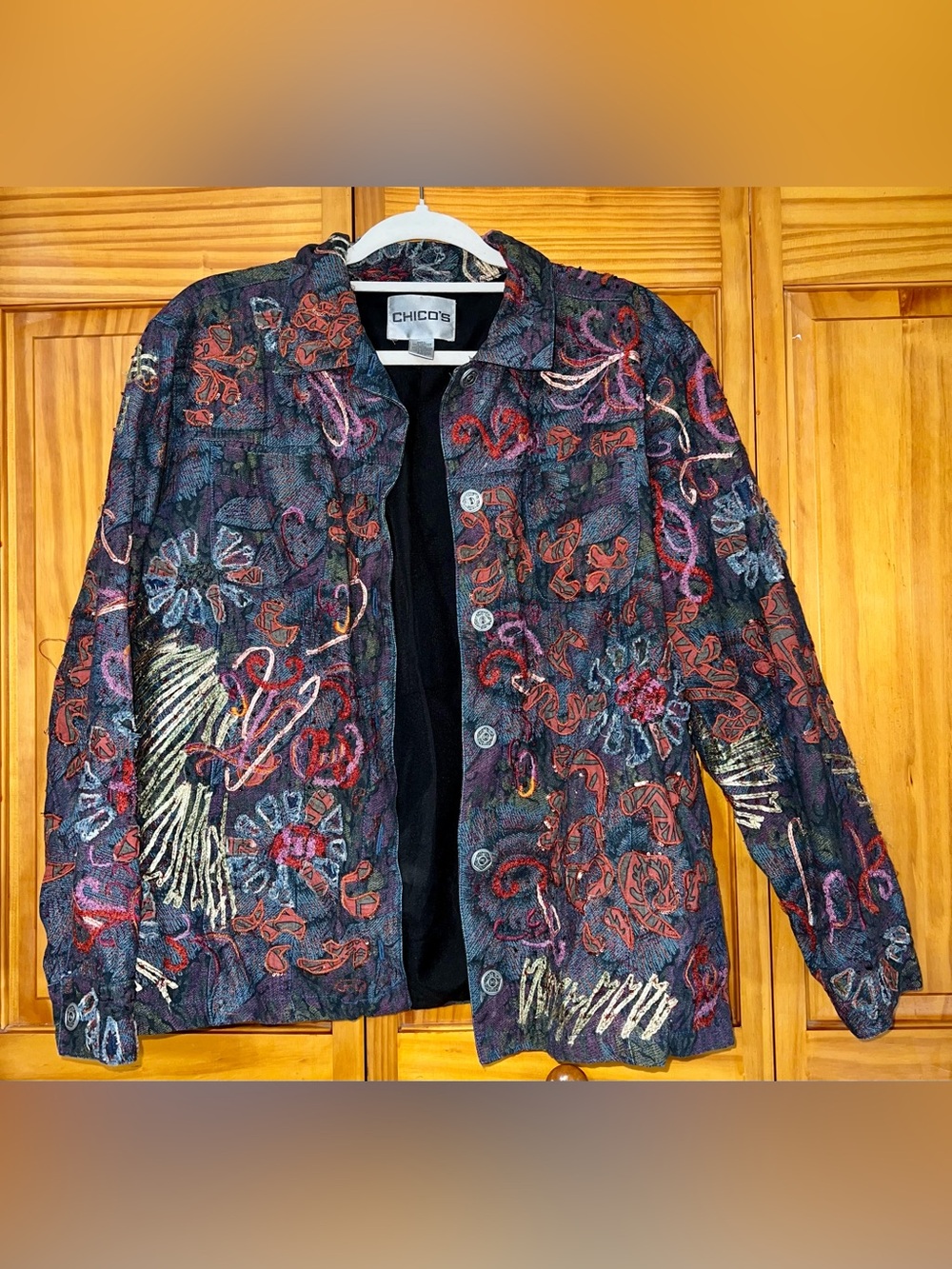 Chico's Dark Multicolor Embroidered Button-Front Jacket